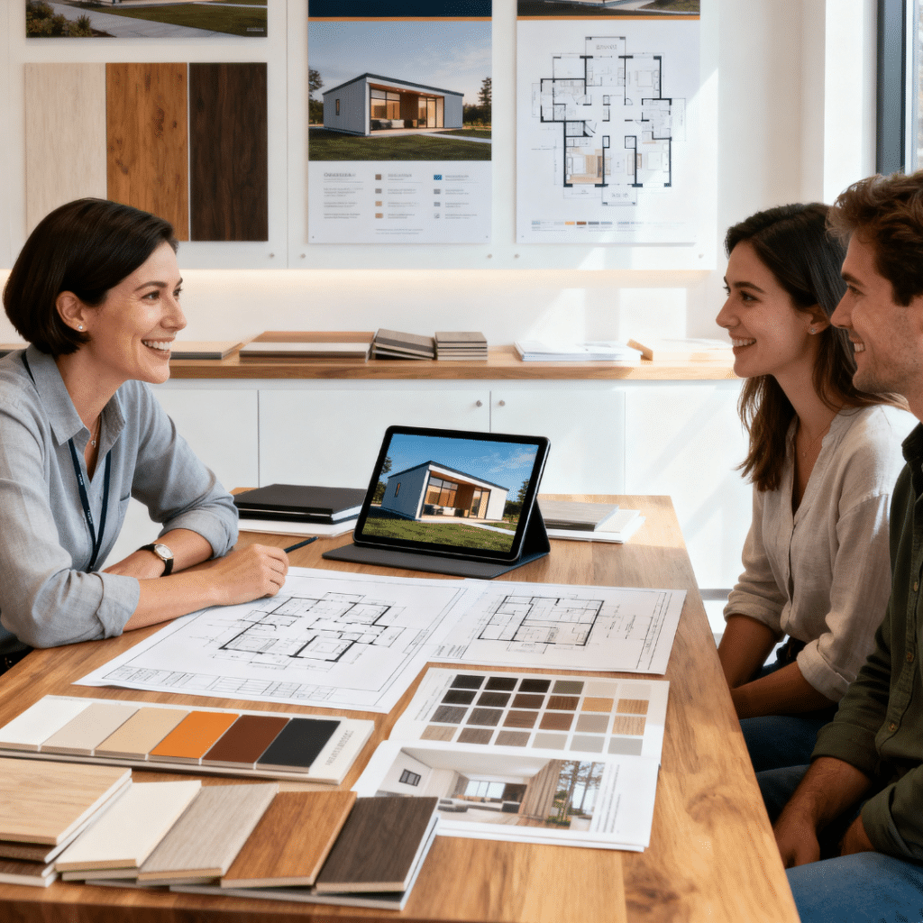 My Own Cottage design consultant meeting with Halton Hills couple in Ontario studio — discussing small prefab home blueprints and 3D models.