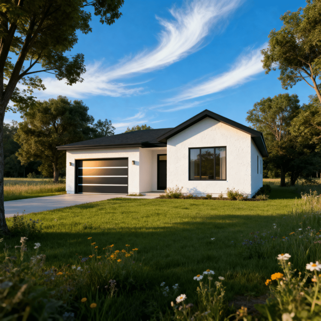 Affordable small prefab home with garage by My Own Cottage in Orillia, Ontario, showcasing modern suburban design and quality craftsmanship.