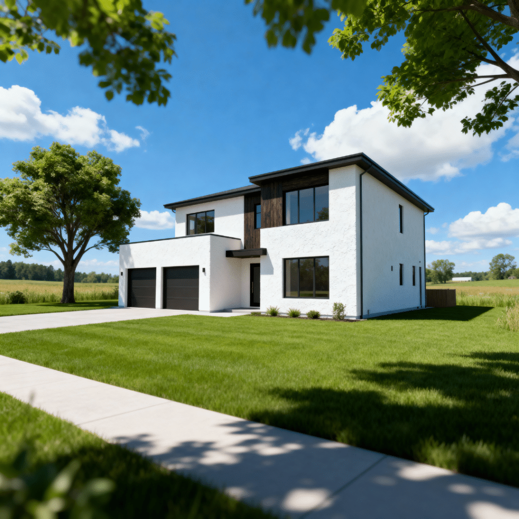 Modern small prefab home for sale in Orillia, Ontario, built by My Own Cottage with stylish design and attached garage in a peaceful setting.