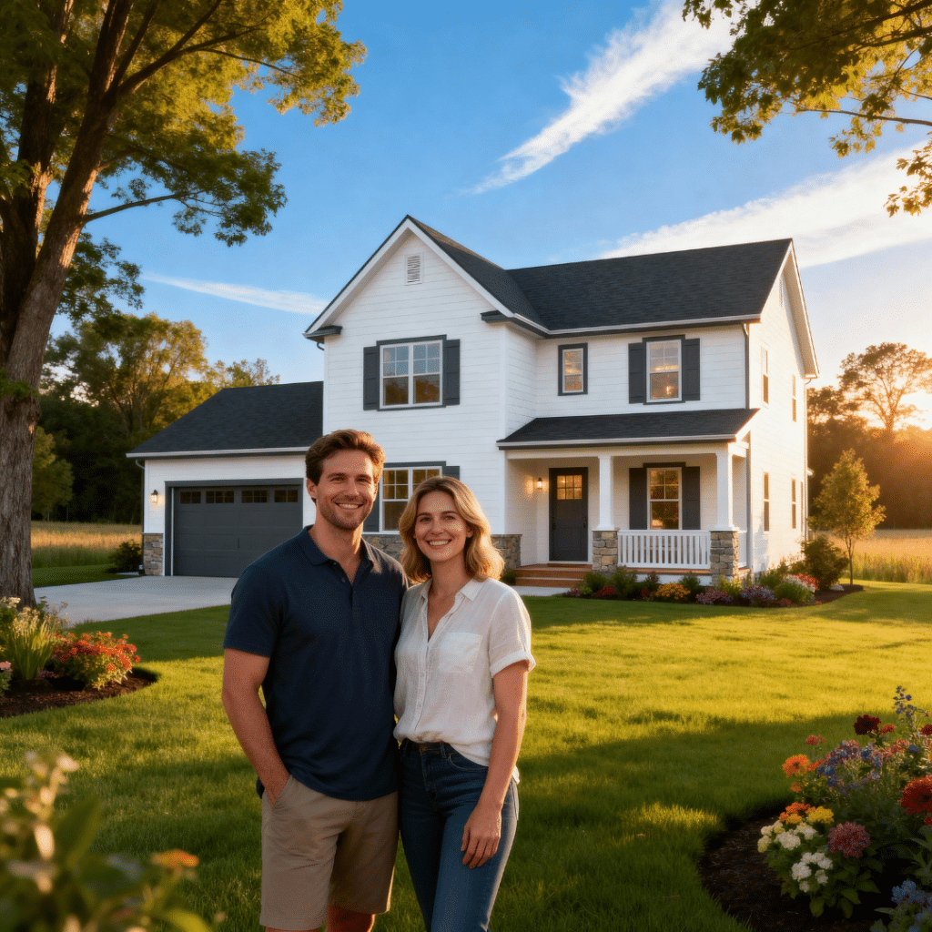 Happy homeowners in front of a small luxury prefab home by My Own Cottage in Orillia, Ontario, showing modern design and affordability.