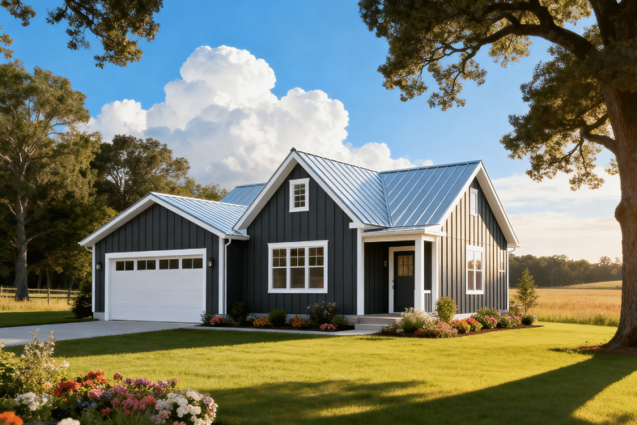 Beautiful modern small prefab home with garage by My Own Cottage in rural Orillia, Ontario — affordable and stylish design.