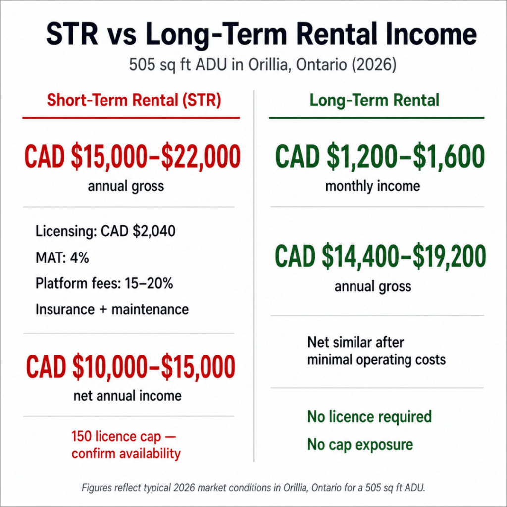 STR vs long-term rental income comparison for 505 sq ft prefab ADU in Orillia Ontario — net annual income after costs including licensing fees MAT tax and platform deductions 2026