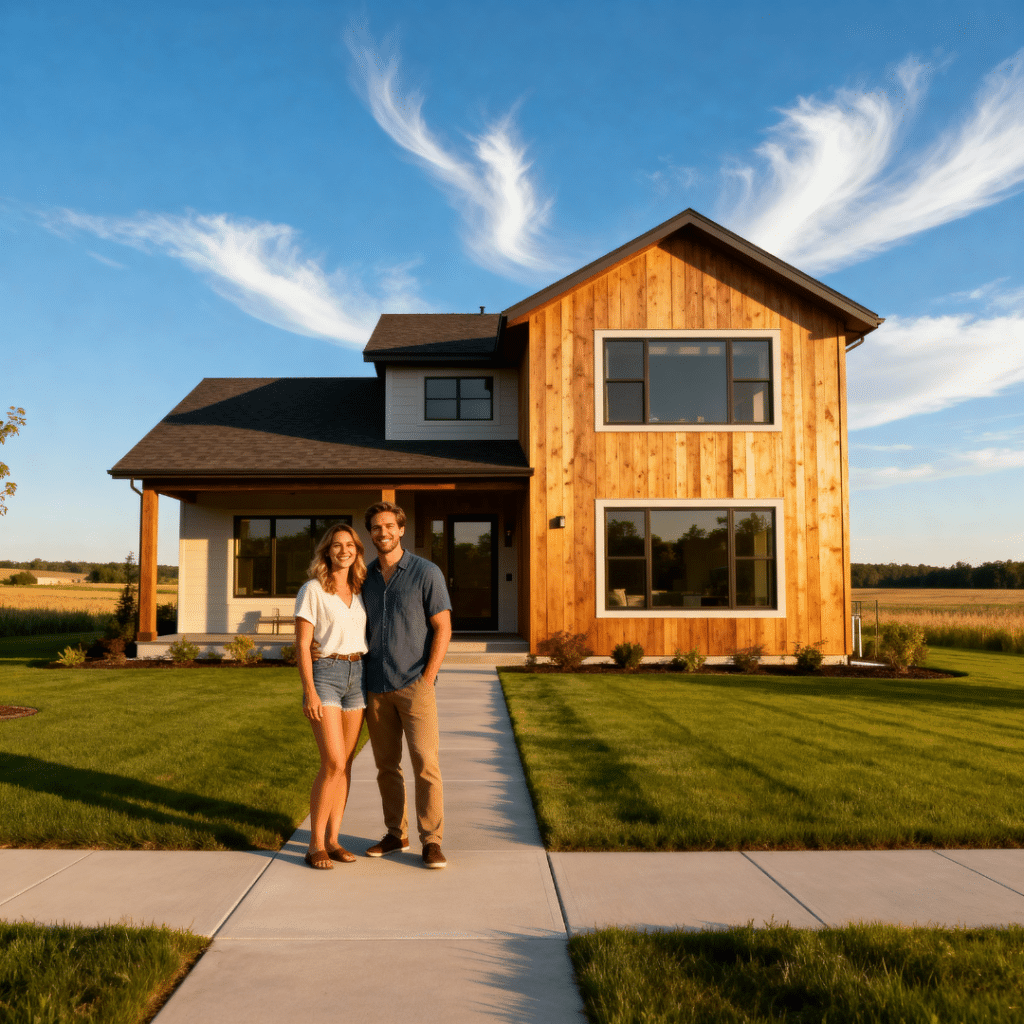 Small modern affordable prefab home by My Own Cottage in rural Halton Hills during summer, with happy homeowners standing out front.