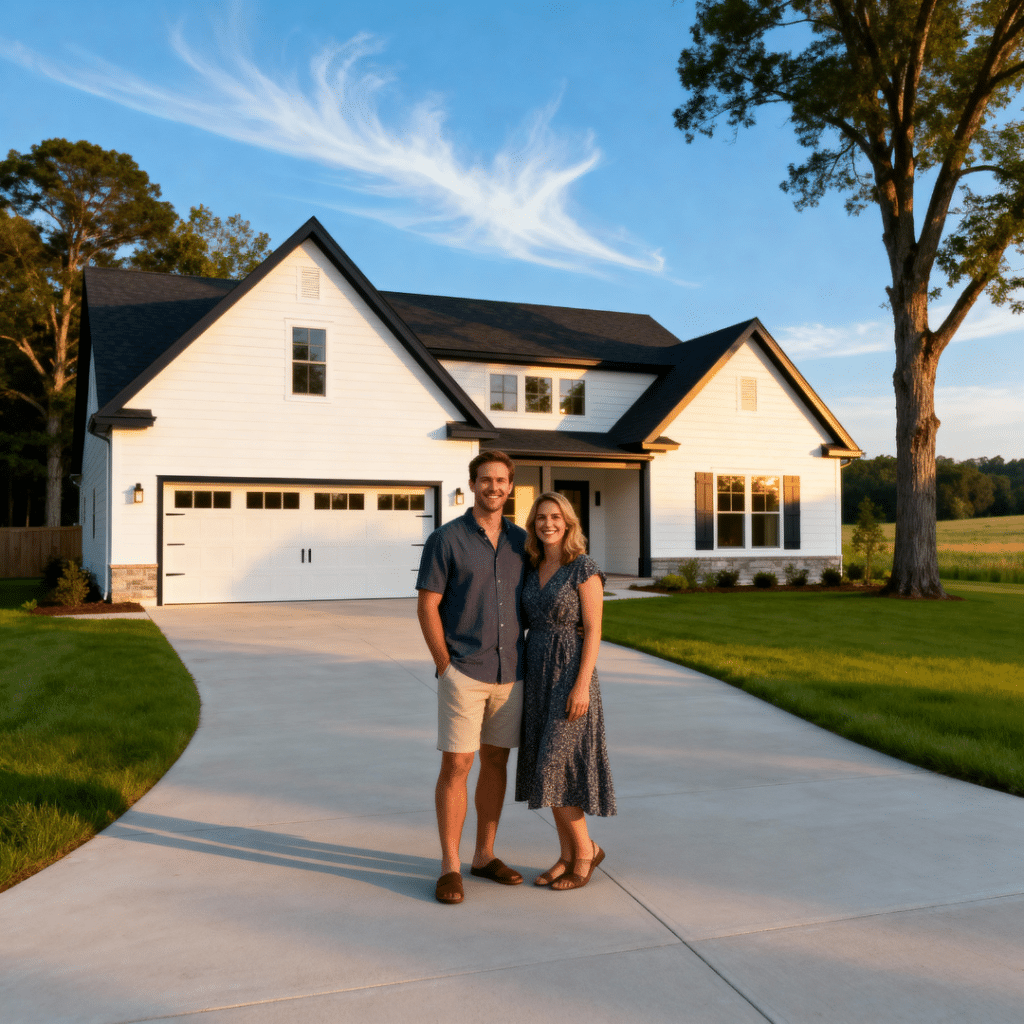 Happy homeowners in front of a modern prefab home with garage in Halton Hills, Ontario — eco-friendly and energy-efficient design by My Own Cottage.