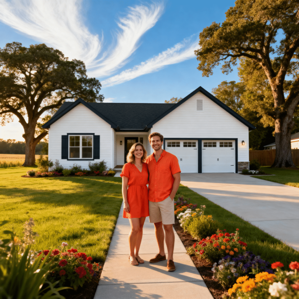 Happy homeowners in front of a small modern prefab home with garage by My Own Cottage in rural Halton Hills, Ontario.