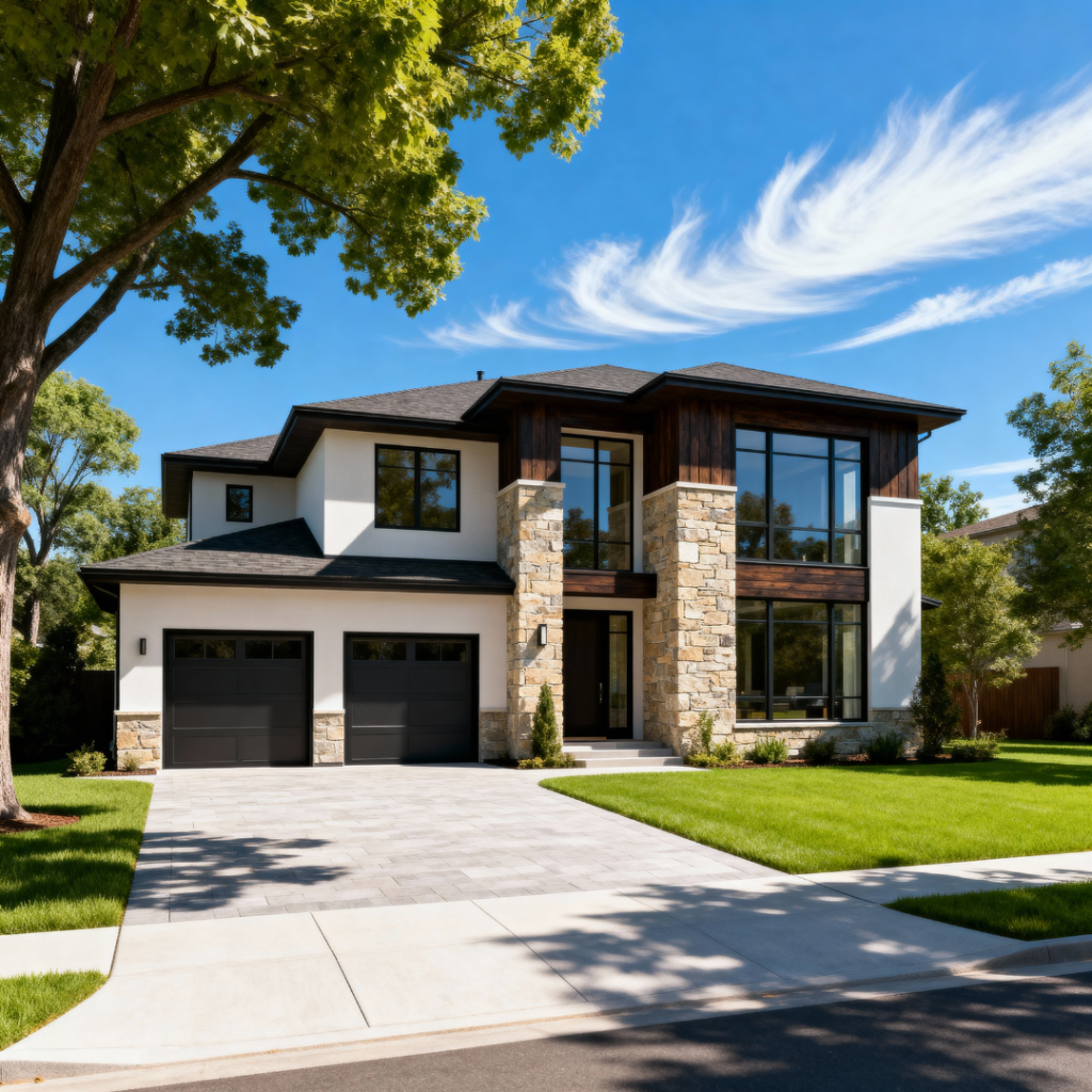 Luxury prefab home with garage by My Own Cottage in a peaceful Halton Hills suburb during summertime, featured in the Prefab Homes in Halton Hills FAQ.