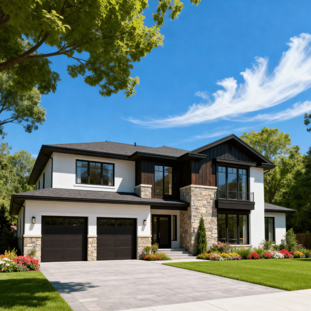 Modern suburban prefab home with a garage by My Own Cottage in Caledon, Ontario, shown on a clear summer day—supporting the prefab homes Caledon FAQ with visuals of quality, design, and craftsmanship.