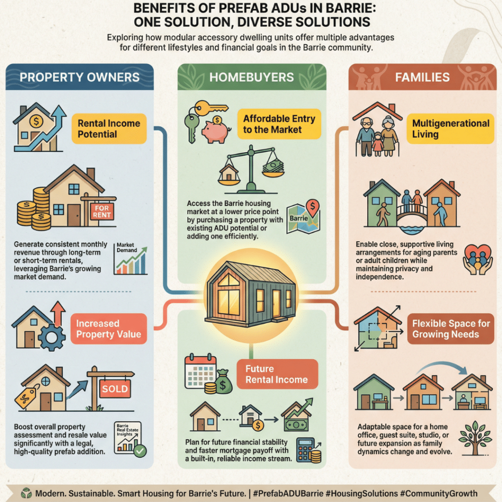 Infographic showing benefits of prefab ADUs in Barrie for property owners, homebuyers, and families