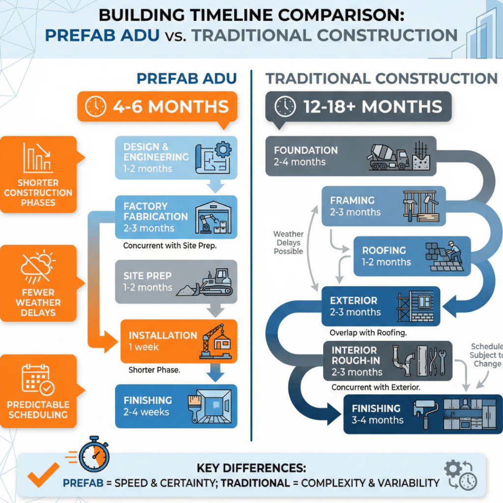 Infographic comparing prefab ADUs in Barrie with traditional construction timelines to show faster completion