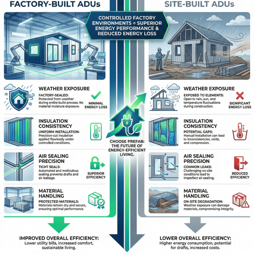 Infographic showing how prefab ADUs in Barrie achieve higher energy efficiency through controlled factory construction
