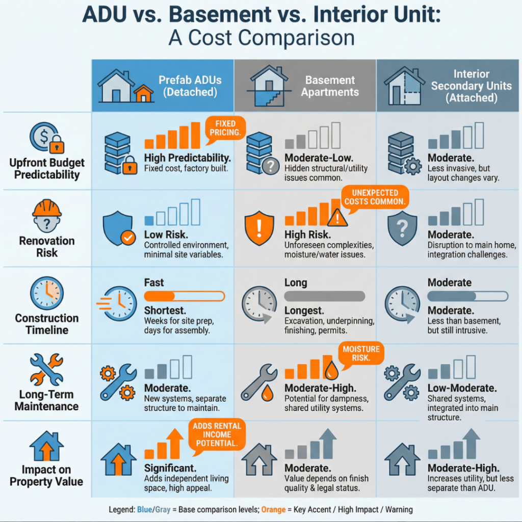 Infographic comparing prefab ADUs in Barrie with basement apartments and secondary units by cost factors
