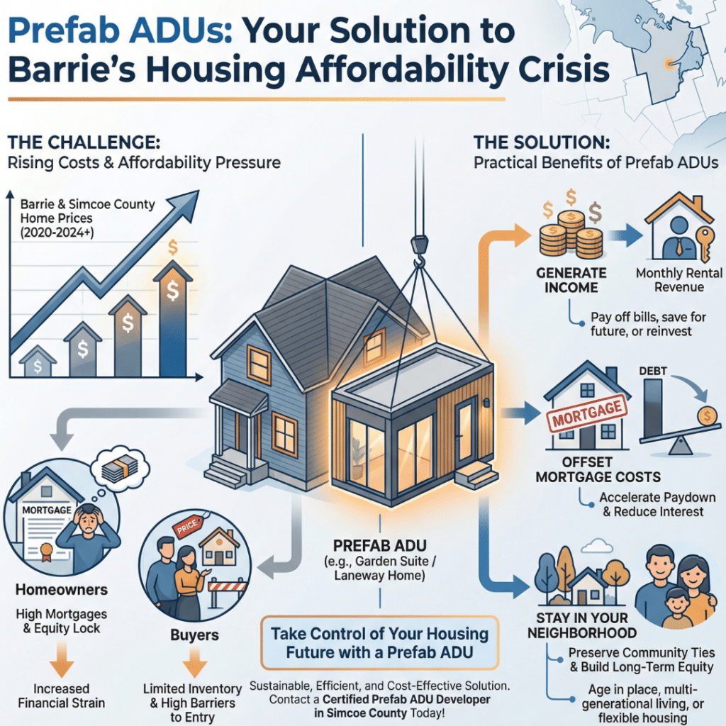 Infographic showing how prefab ADUs in Barrie help offset rising home prices through rental income