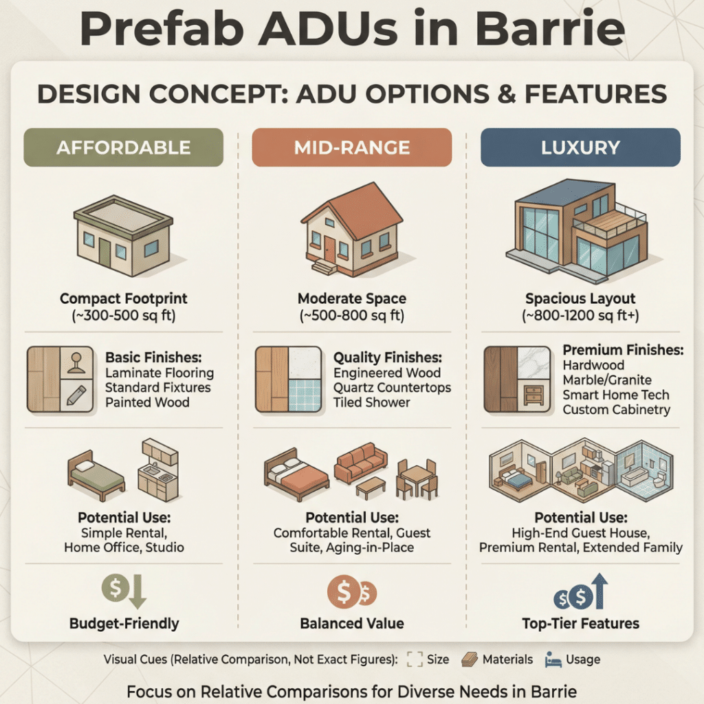 Infographic showing prefab ADUs in Barrie price ranges from affordable to luxury options