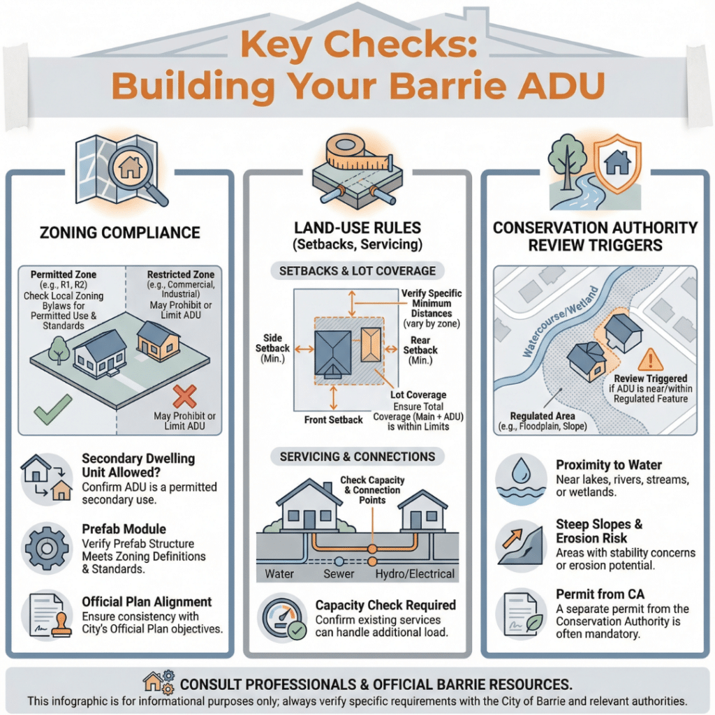 Infographic outlining zoning compliance and land-use rules for prefab ADUs in Barrie