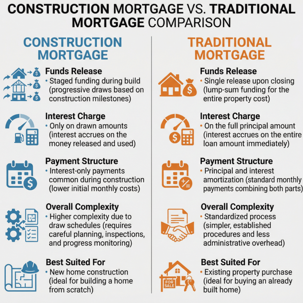 Prefab homes Kawartha Lakes prices infographic comparing construction mortgages and traditional mortgages for new home builds