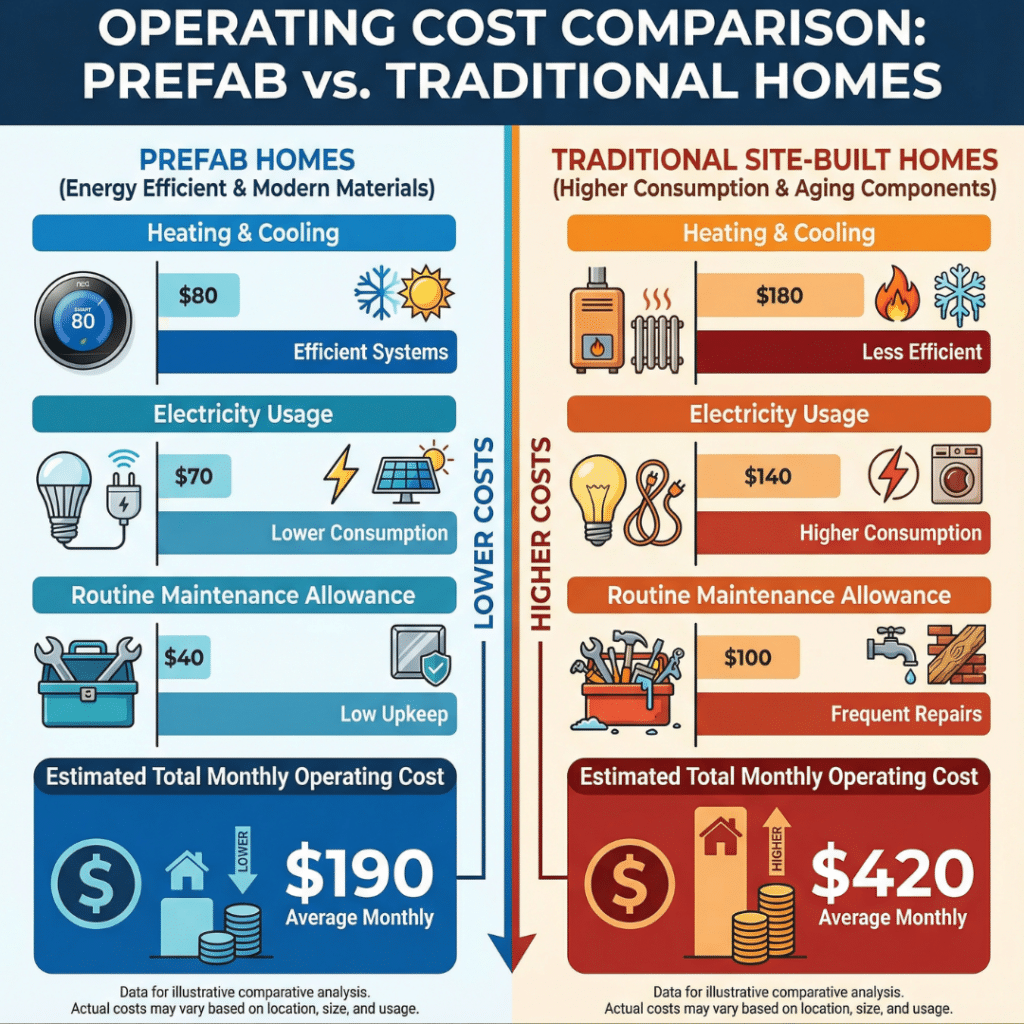 Prefab homes Kawartha Lakes prices infographic comparing monthly energy and operating costs of prefab and traditional homes