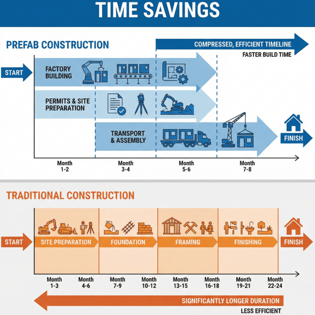 Prefab homes Kawartha Lakes prices infographic comparing factory build timelines with traditional on-site construction timelines