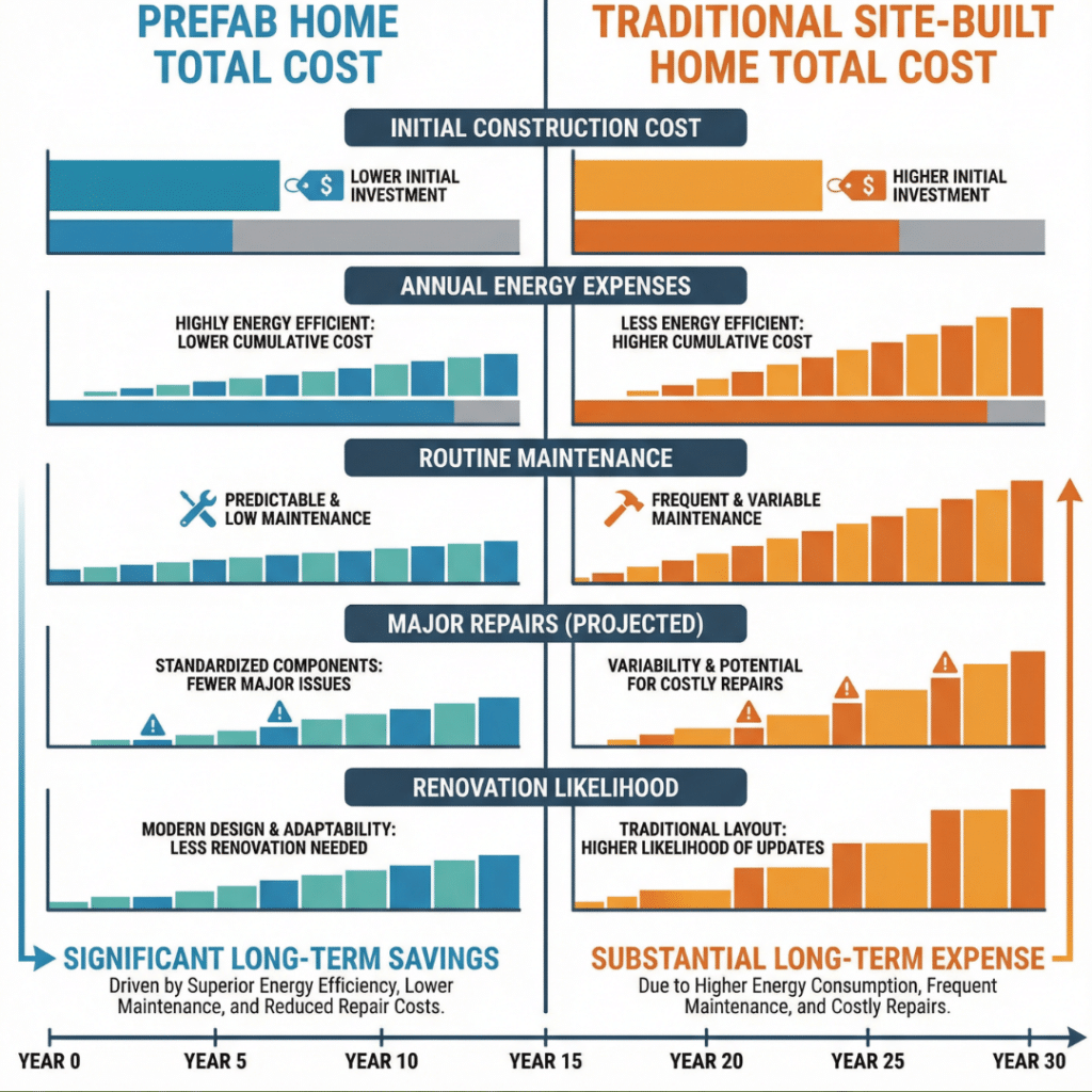 Prefab homes Kawartha Lakes prices infographic comparing long-term ownership costs of prefab and traditional homes