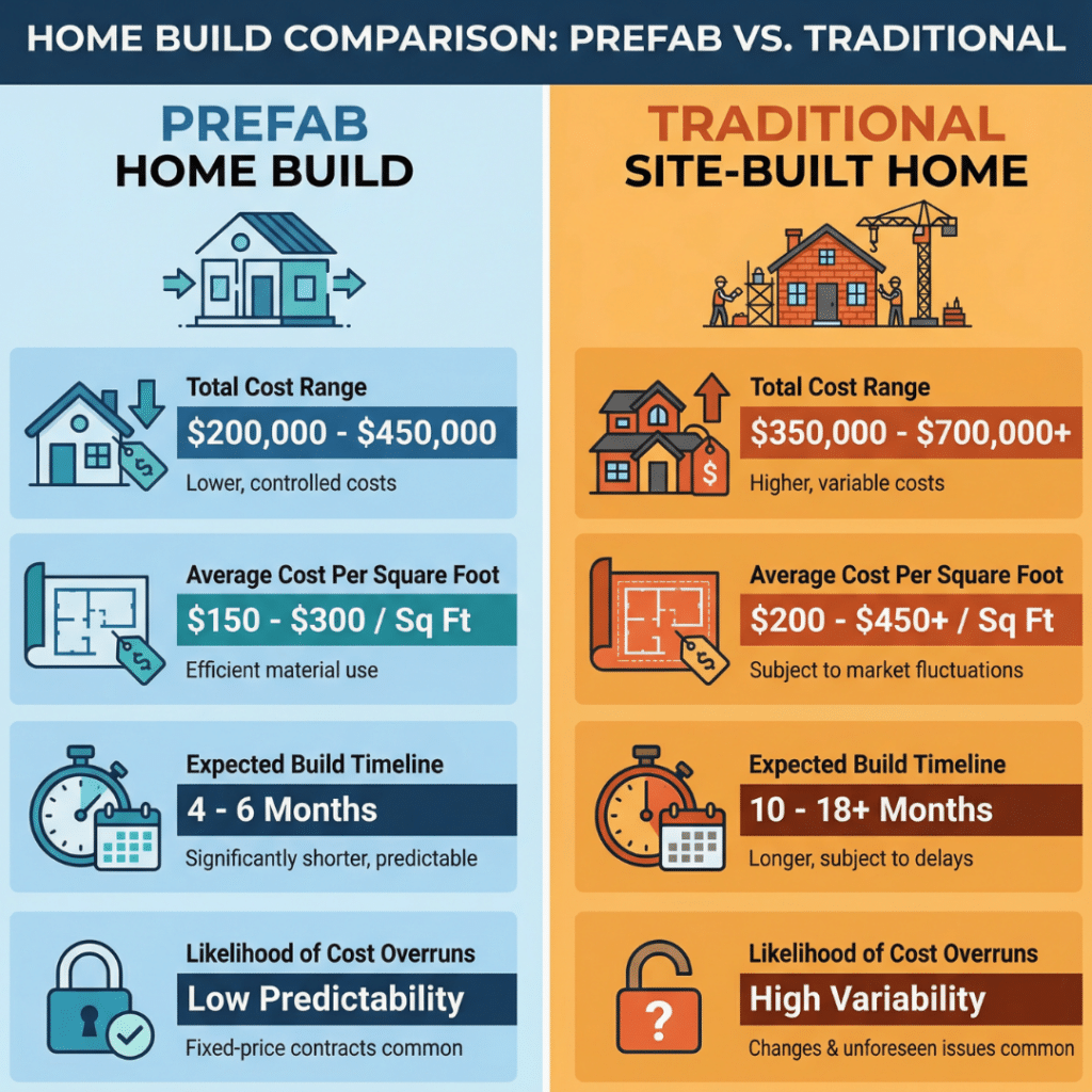 Prefab homes Kawartha Lakes prices infographic comparing prefab and traditional home build costs, timelines, and cost certainty