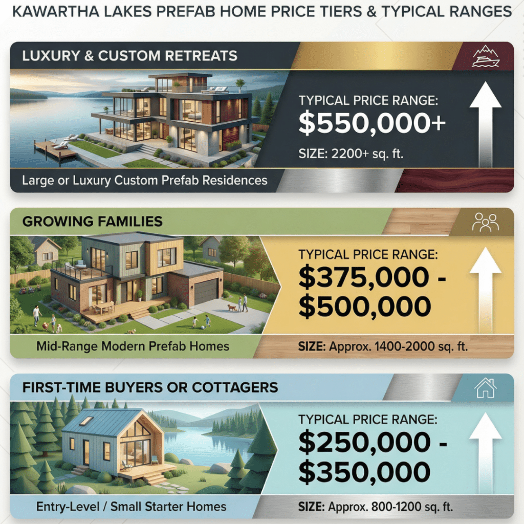 Prefab homes Kawartha Lakes prices infographic showing entry-level, mid-range, and luxury prefab home price tiers