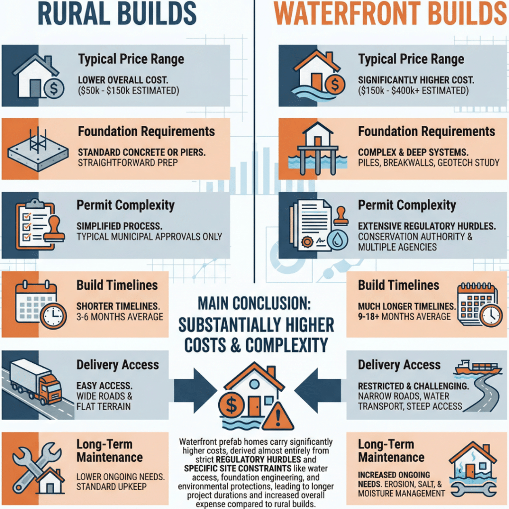 Prefab homes Kawartha Lakes prices infographic comparing rural and waterfront prefab home costs, permits, timelines, and build factors