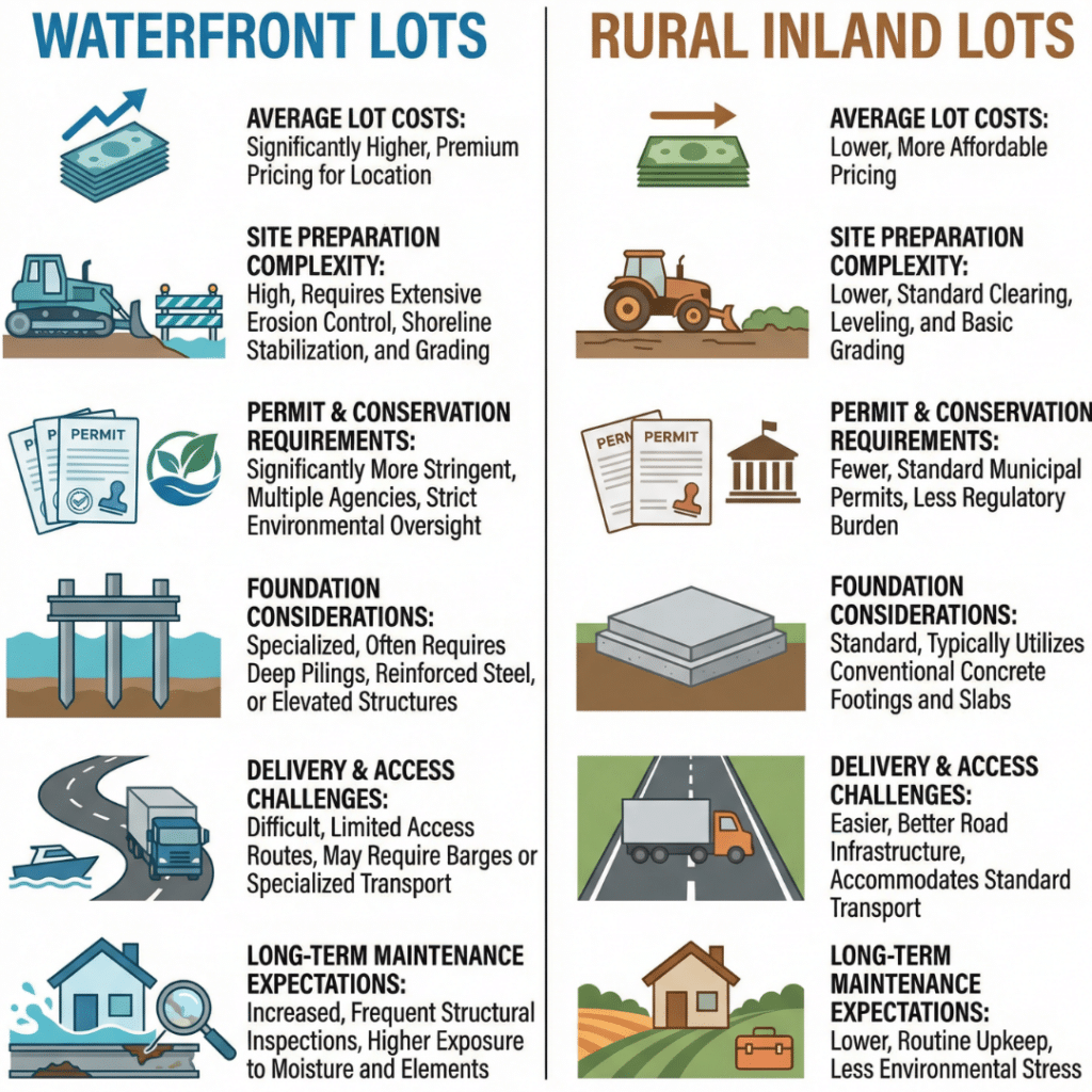 Prefab homes Kawartha Lakes prices infographic comparing waterfront lots and rural inland lots by cost, permits, and build complexity
