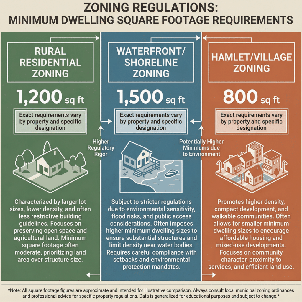 Prefab homes Kawartha Lakes prices infographic showing minimum dwelling size requirements by zoning category