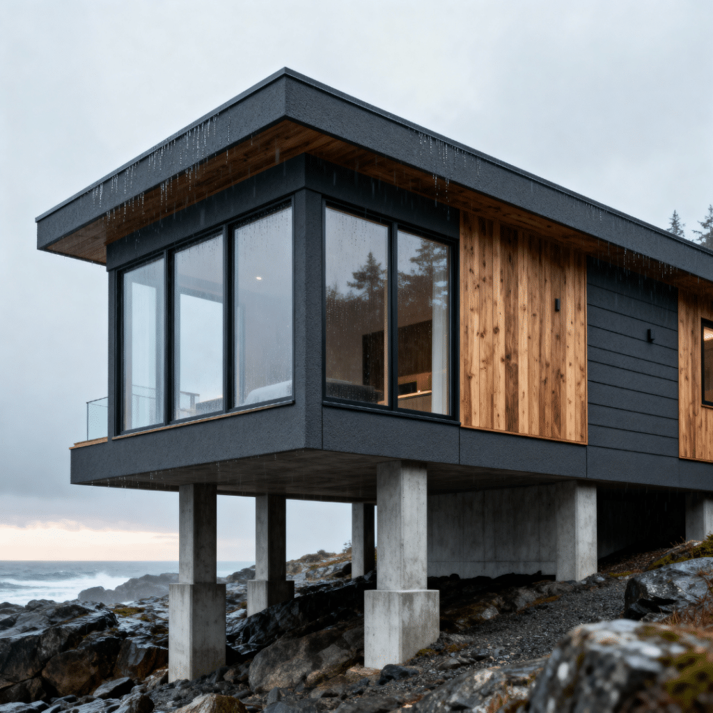 Affordable Canadian prefab homes designed for disaster resilience, showing a coastal prefab home exterior with elevated foundation and durable materials