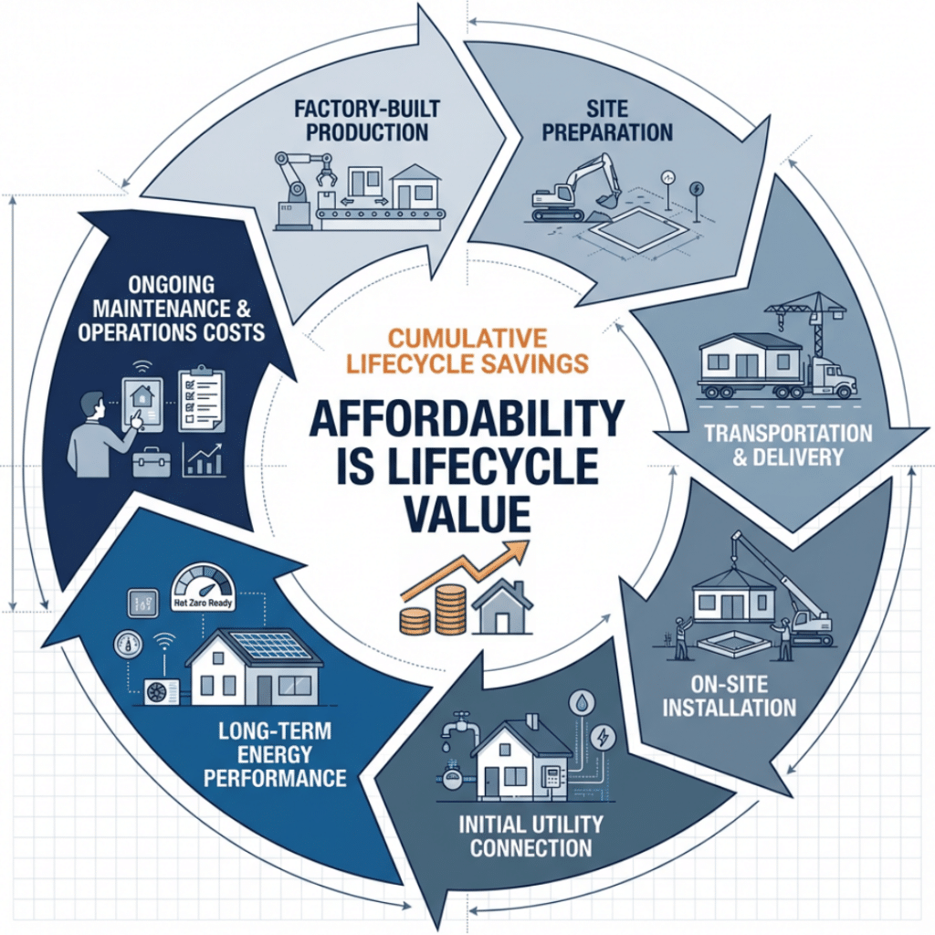 Lifecycle cost diagram showing how affordable Canadian prefab homes are evaluated by total project costs rather than just base home price