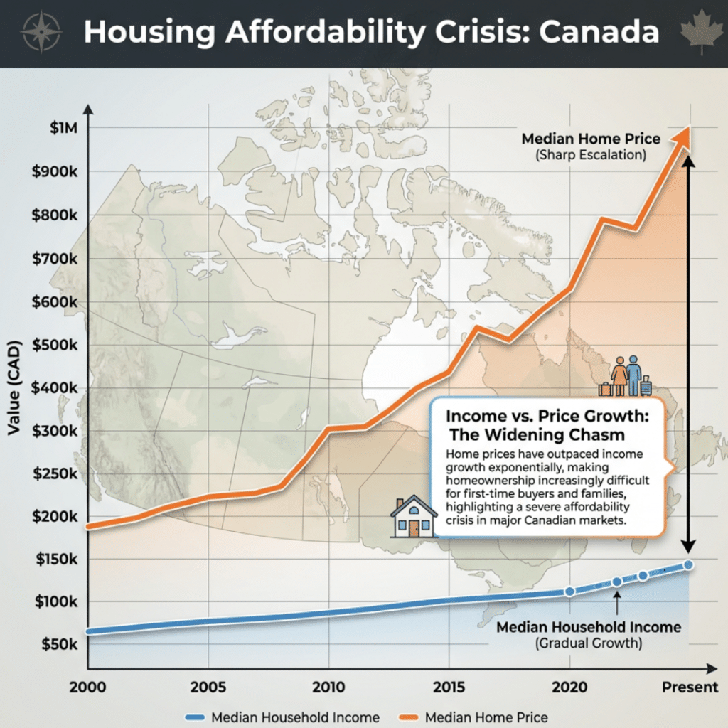 Affordable prefab home builders in Canada housing affordability infographic showing home prices rising faster than household incomes over time.