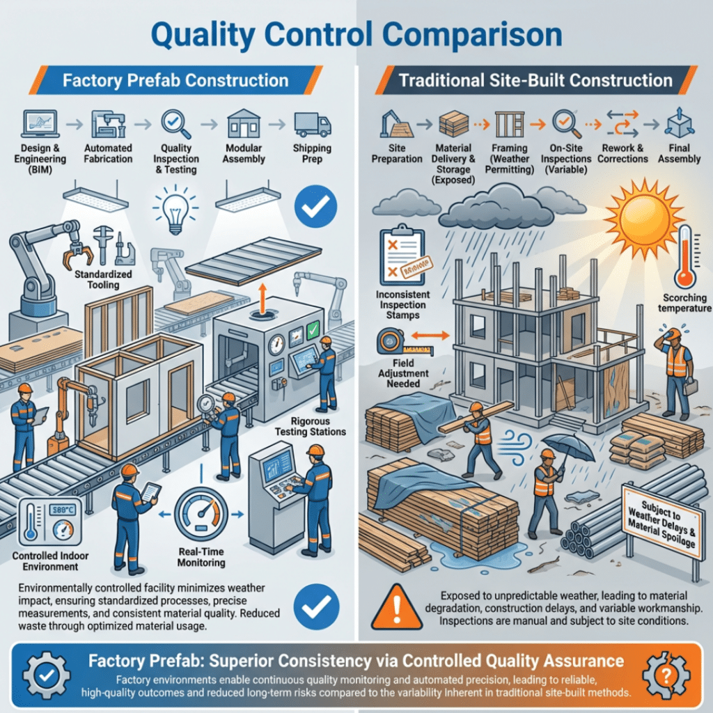 Affordable prefab home builders infographic comparing factory-based quality control with traditional site-built construction standards.