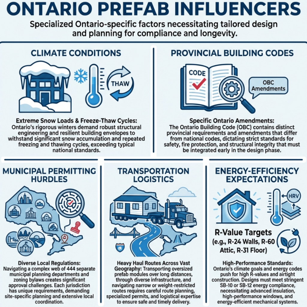 Affordable prefab home builders infographic explaining Ontario-specific factors such as climate, building codes, permits, logistics, and energy efficiency.