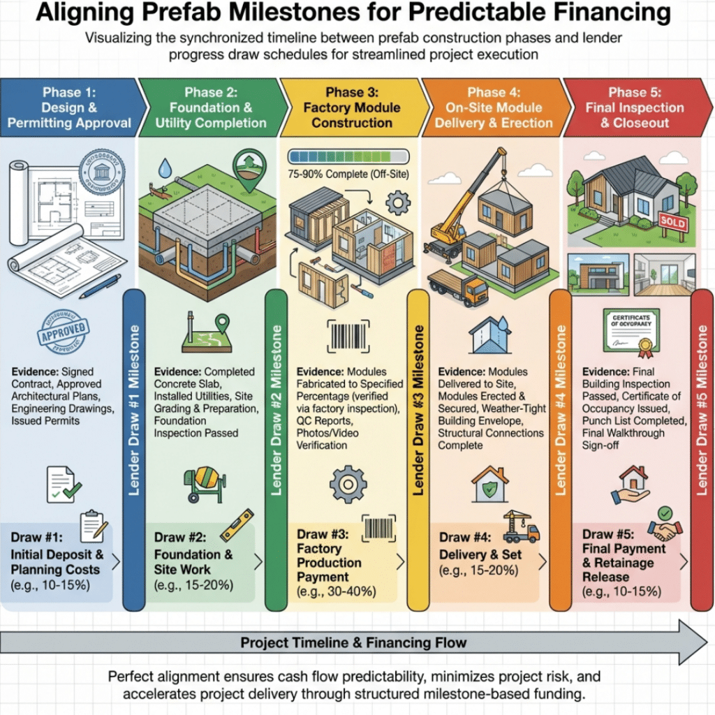Infographic showing how construction mortgage progress draws work for prefab projects delivered by the best prefab home builders