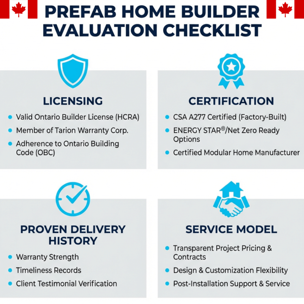 Evaluation checklist infographic showing how to compare the best prefab home builders based on licensing, certification, delivery history, and service model