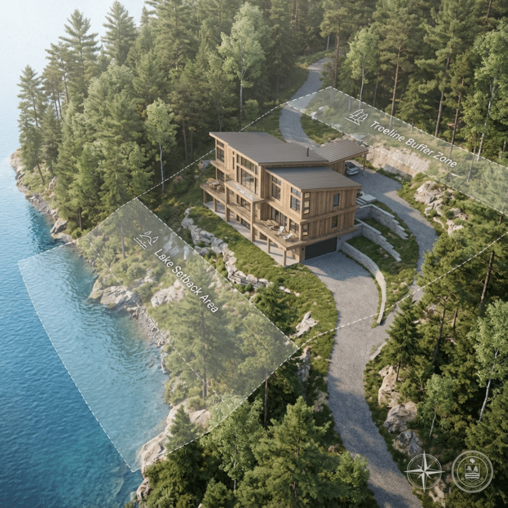 Prefab home on a lakefront Ontario lot showing zoning setbacks and conservation authority requirements handled by the best prefab home builders