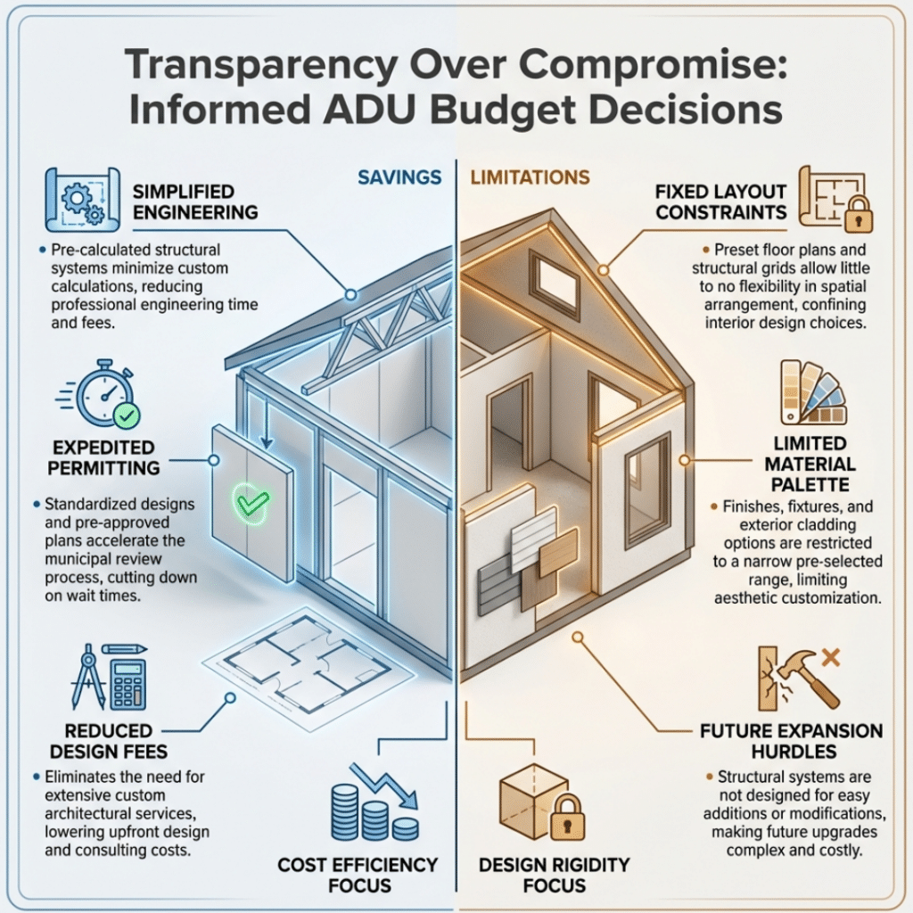 Budget prefab ADUs Kawartha Lakes infographic showing cost savings versus trade-offs in customization, finishes, and layout flexibility