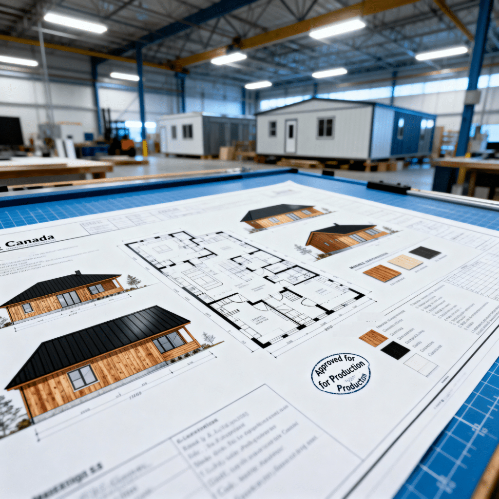 Finalized design package for Canadian prefab homes showing approved floor plans and specifications before factory production