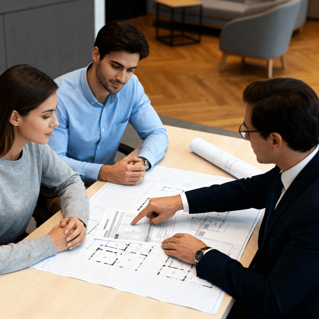 Early lender engagement for Canadian prefab homes, showing a buyer reviewing plans and financing details with a mortgage lender