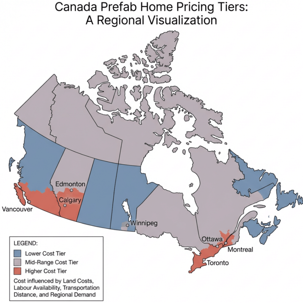 Canadian prefab homes pricing infographic showing regional cost differences across Canadian provinces and major cities