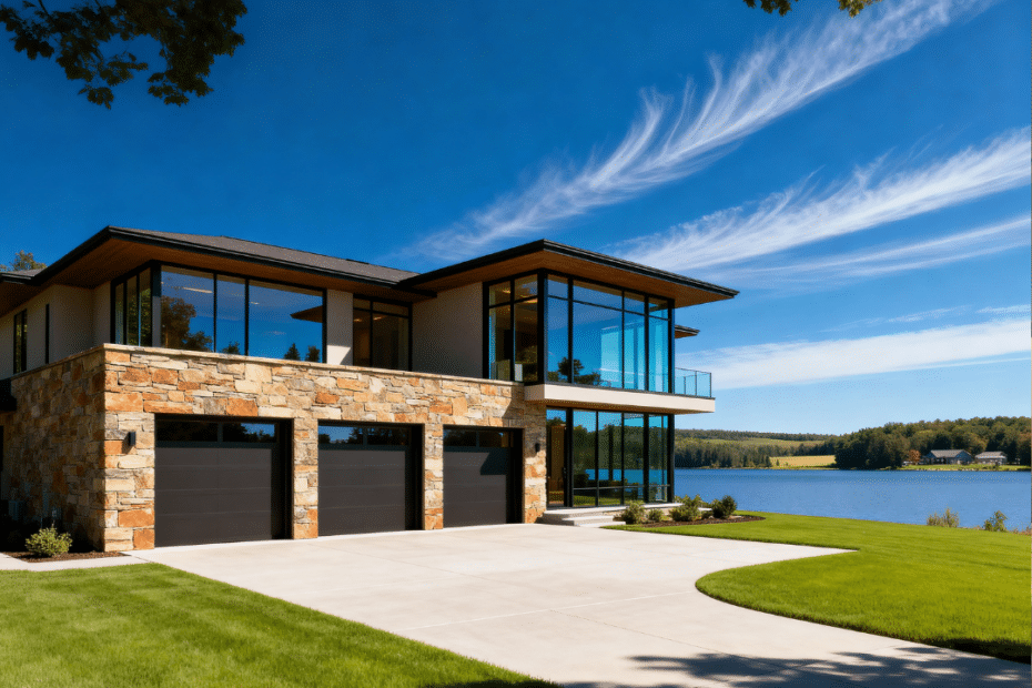 Canadian prefab homes with prices showing a modern energy-efficient prefab home set in a Canadian forest and lakeside landscape