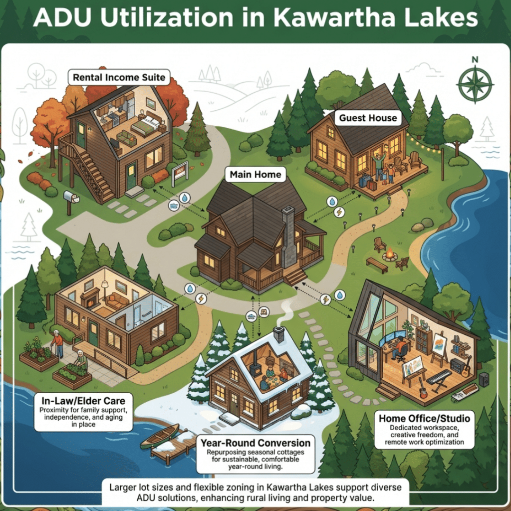 Common prefab ADUs Kawartha Lakes use cases including rental income, guest houses, family housing, home offices, and cottage conversions on rural properties