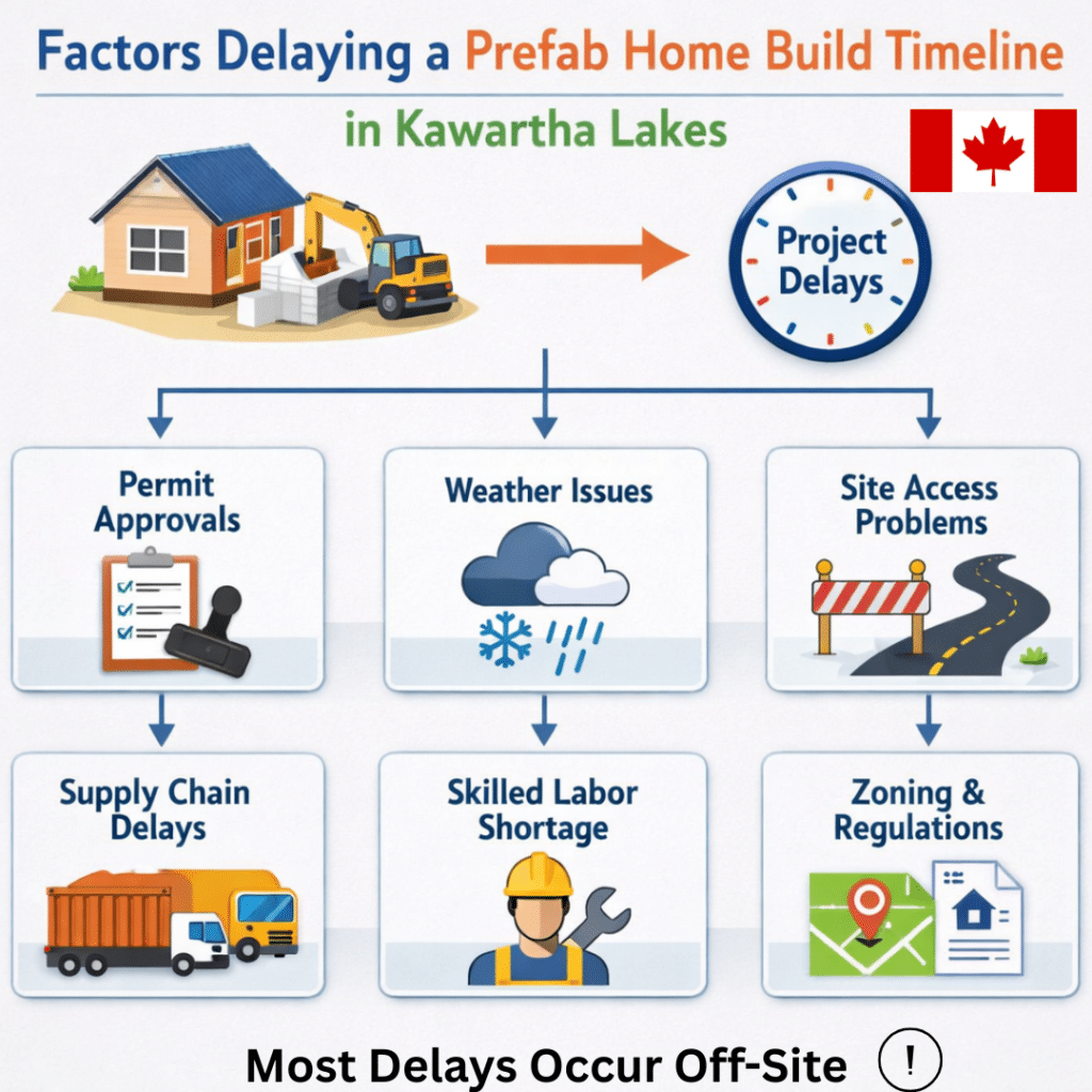 Prefab Home Build Timeline in Kawartha Lakes showing common delay causes such as permits, site preparation, and weather