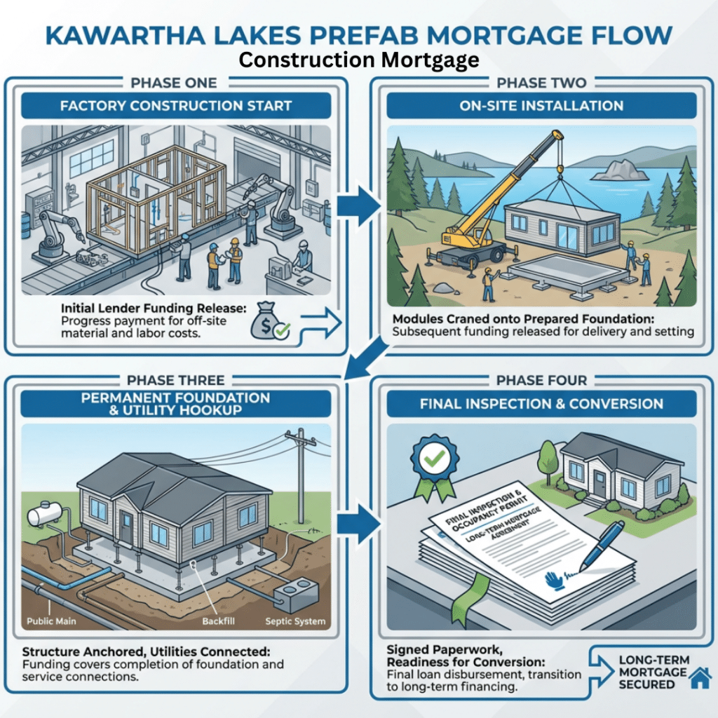 Construction mortgage process for prefab home financing in Kawartha Lakes showing staged funding from factory build to final inspection