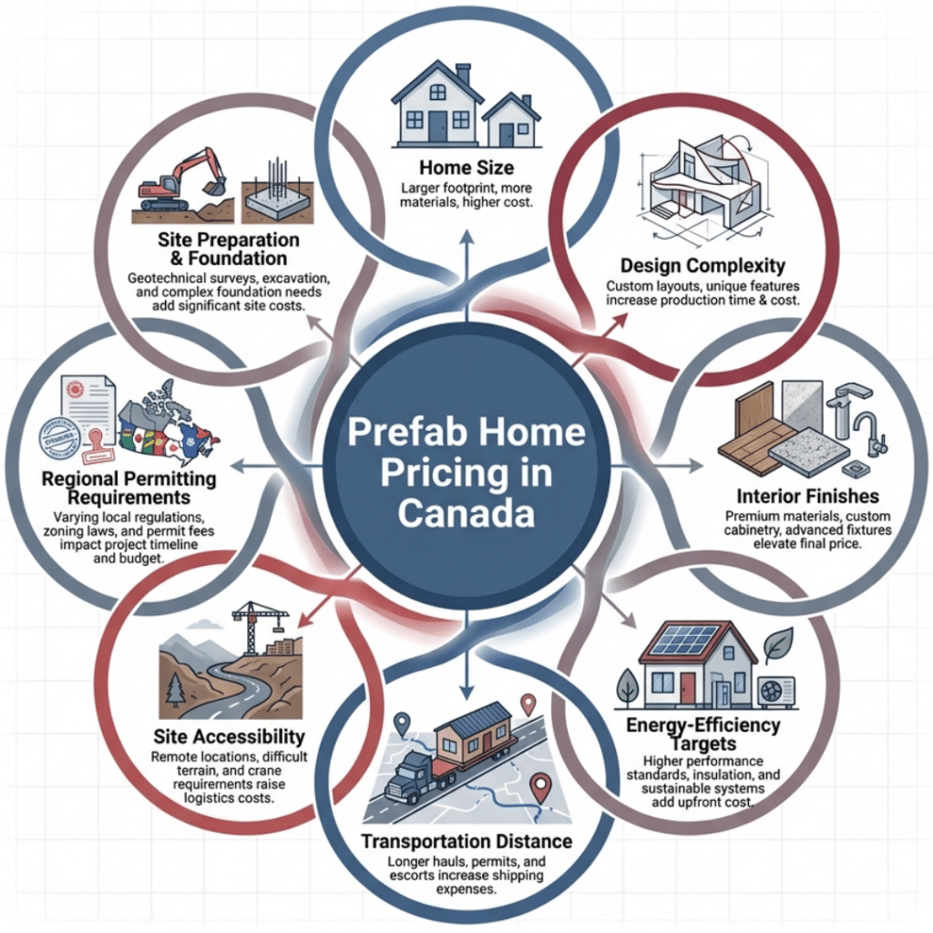Factors affecting modern Canadian prefab home pricing, including size, design complexity, energy efficiency, location, and site conditions