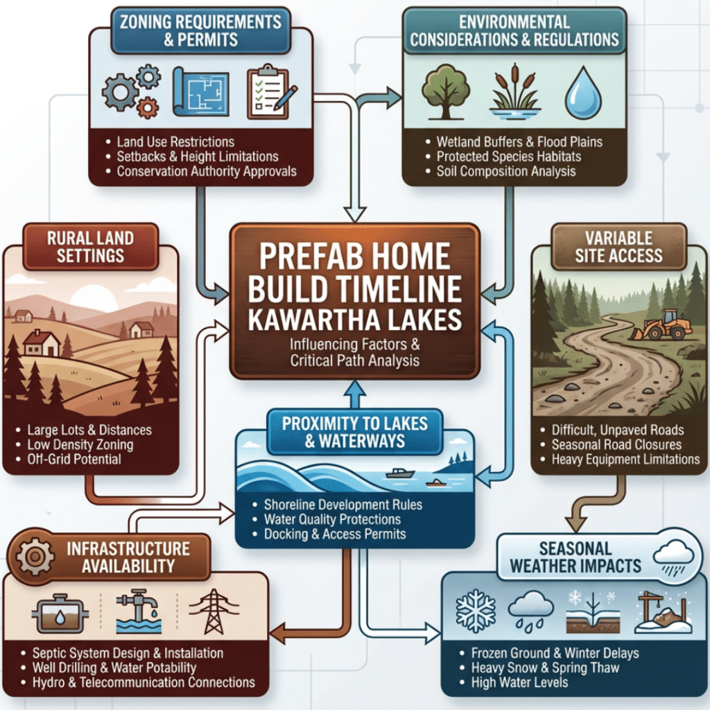 Prefab Home Build Timeline in Kawartha Lakes showing rural site conditions, lakeside land, and local construction factors