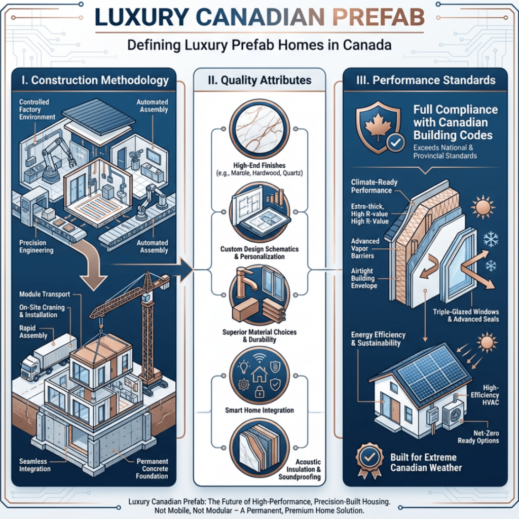 Infographic defining luxury Canadian prefab homes, showing factory-built construction, permanent foundations, code compliance, custom design, and energy-efficient performance