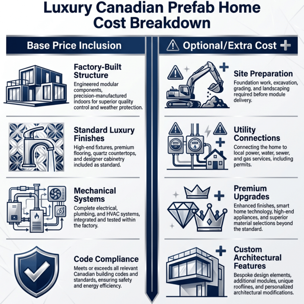Infographic showing what is included versus what costs extra in luxury Canadian prefab homes, including structure, finishes, systems, site work, and upgrades
