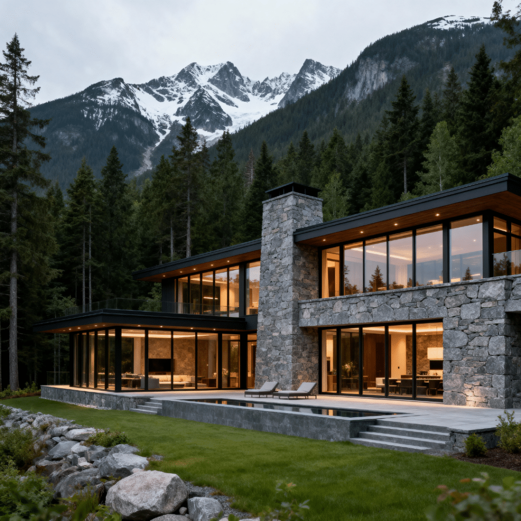 Luxury Canadian prefab home with modern architectural design, clean lines, and premium exterior materials in a natural Canadian setting