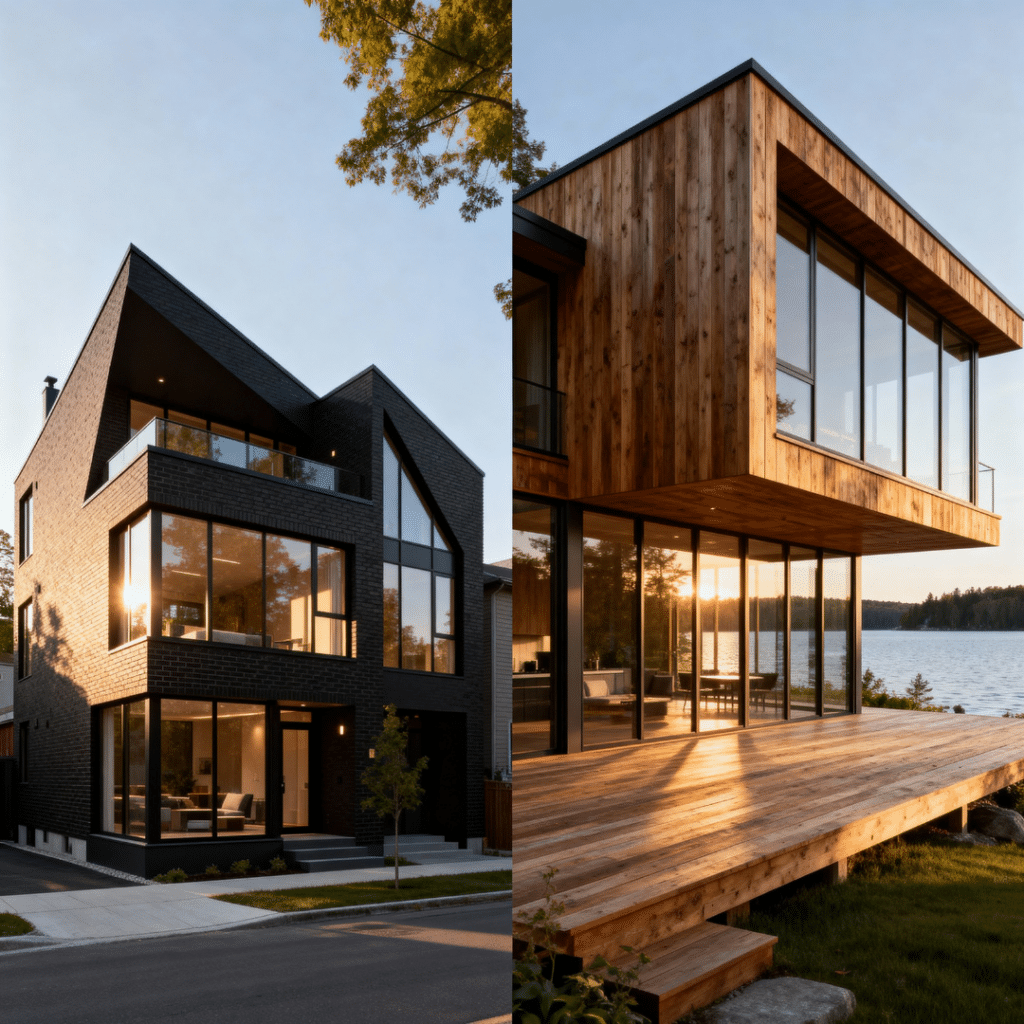 Luxury Canadian prefab homes in Ontario showing modern urban infill design and cottage-style prefab homes in natural lakefront settings