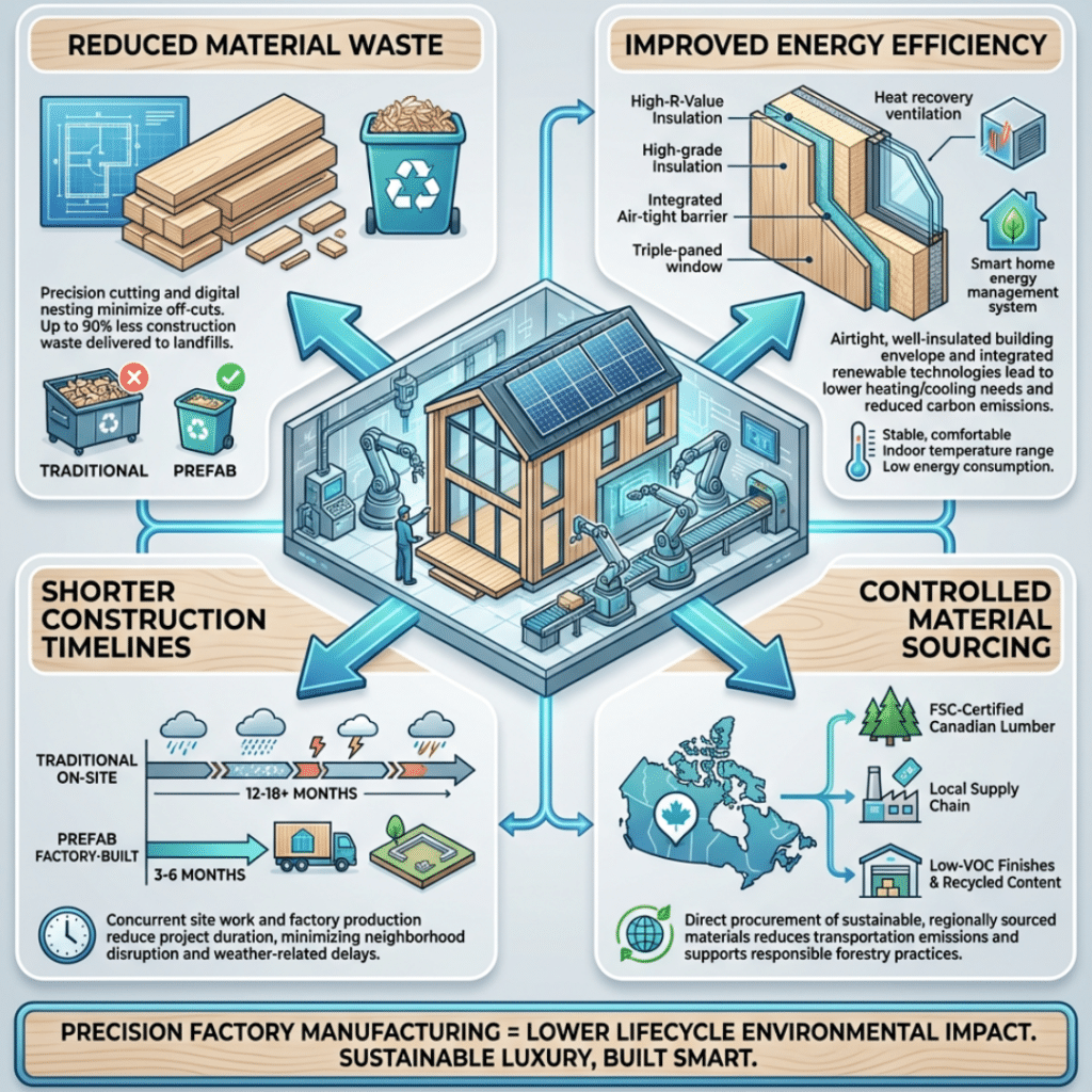 Infographic showing how luxury Canadian prefab homes reduce environmental impact through factory construction, energy efficiency, and material efficiency